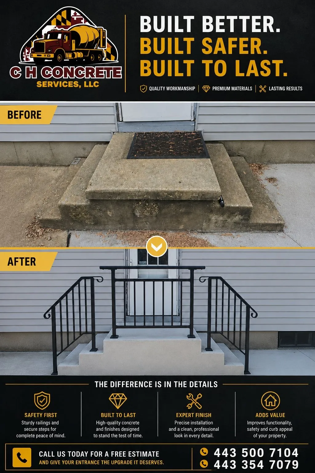 Concrete entry steps before and after